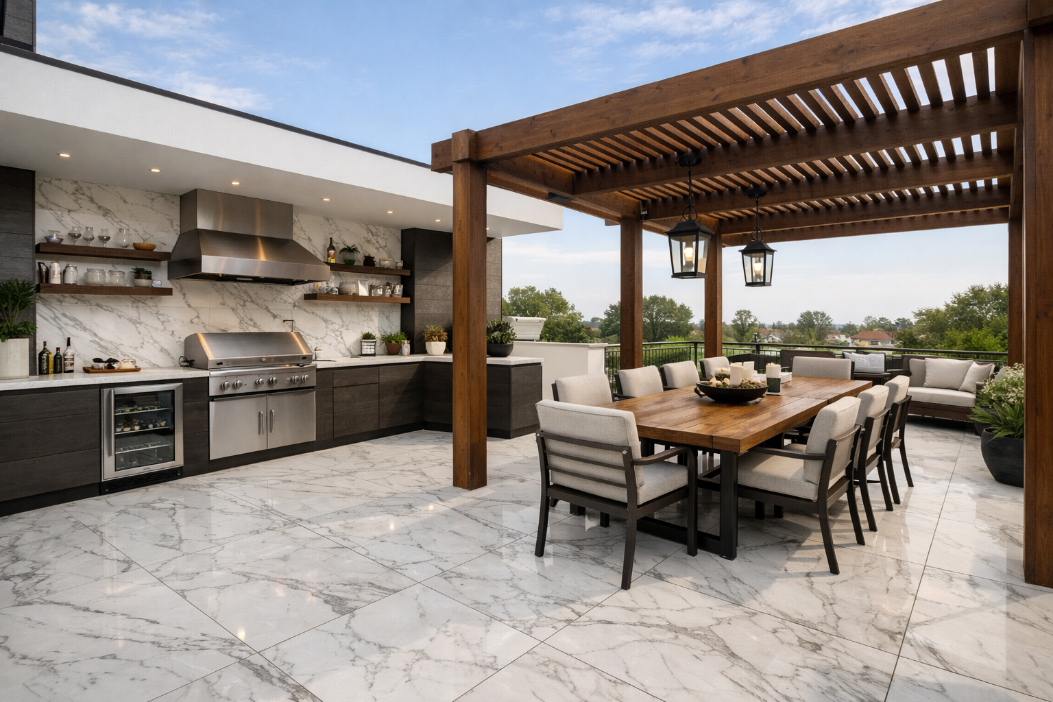 Cocina para terraza con cubierta de porcelanato tipo mármol