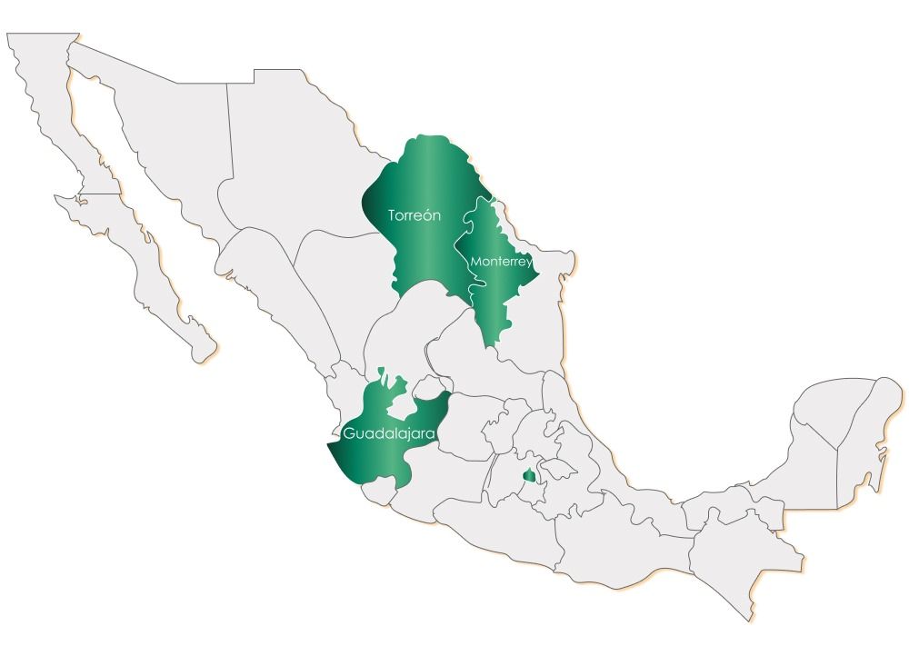 Mapa de showrooms LALUR en México