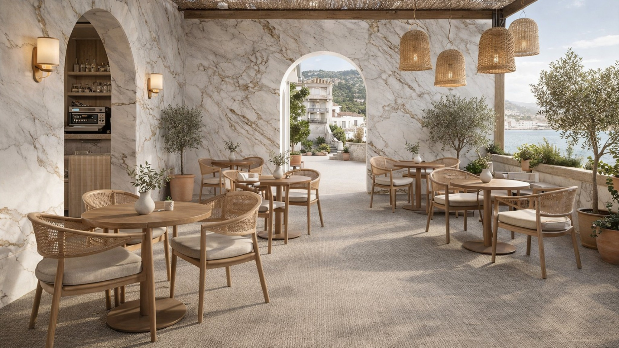 Alfombra revestimiento para pisos hecha de vinil tejido en una cafetería estilo mediterráneo