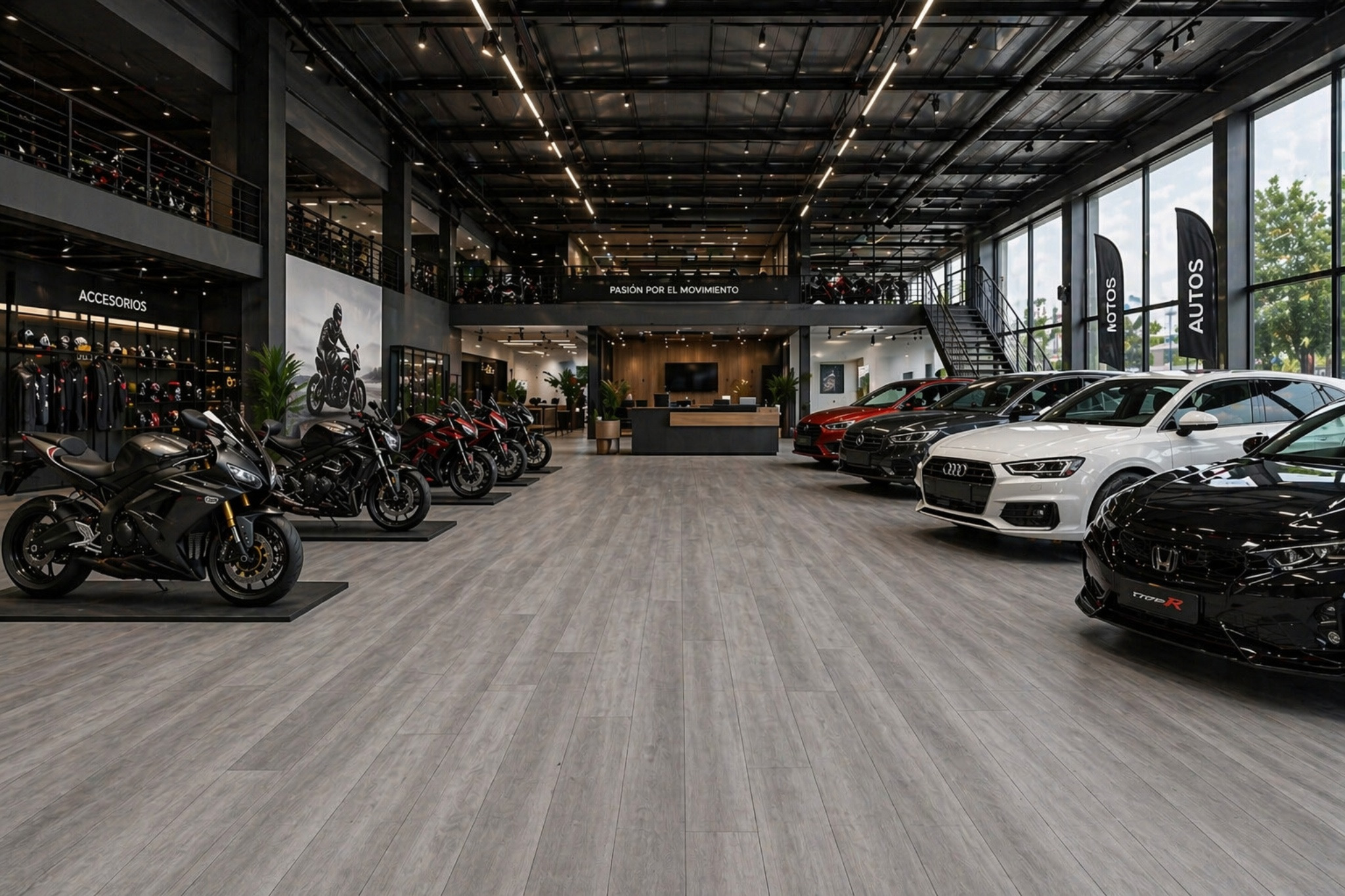Piso vinílico laminado en una agencia de automóviles y motocicletas