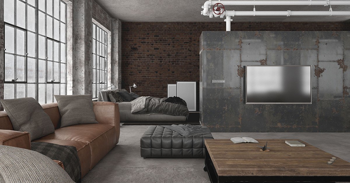 Sala y habitación decoración industrialcon piso tono cemento