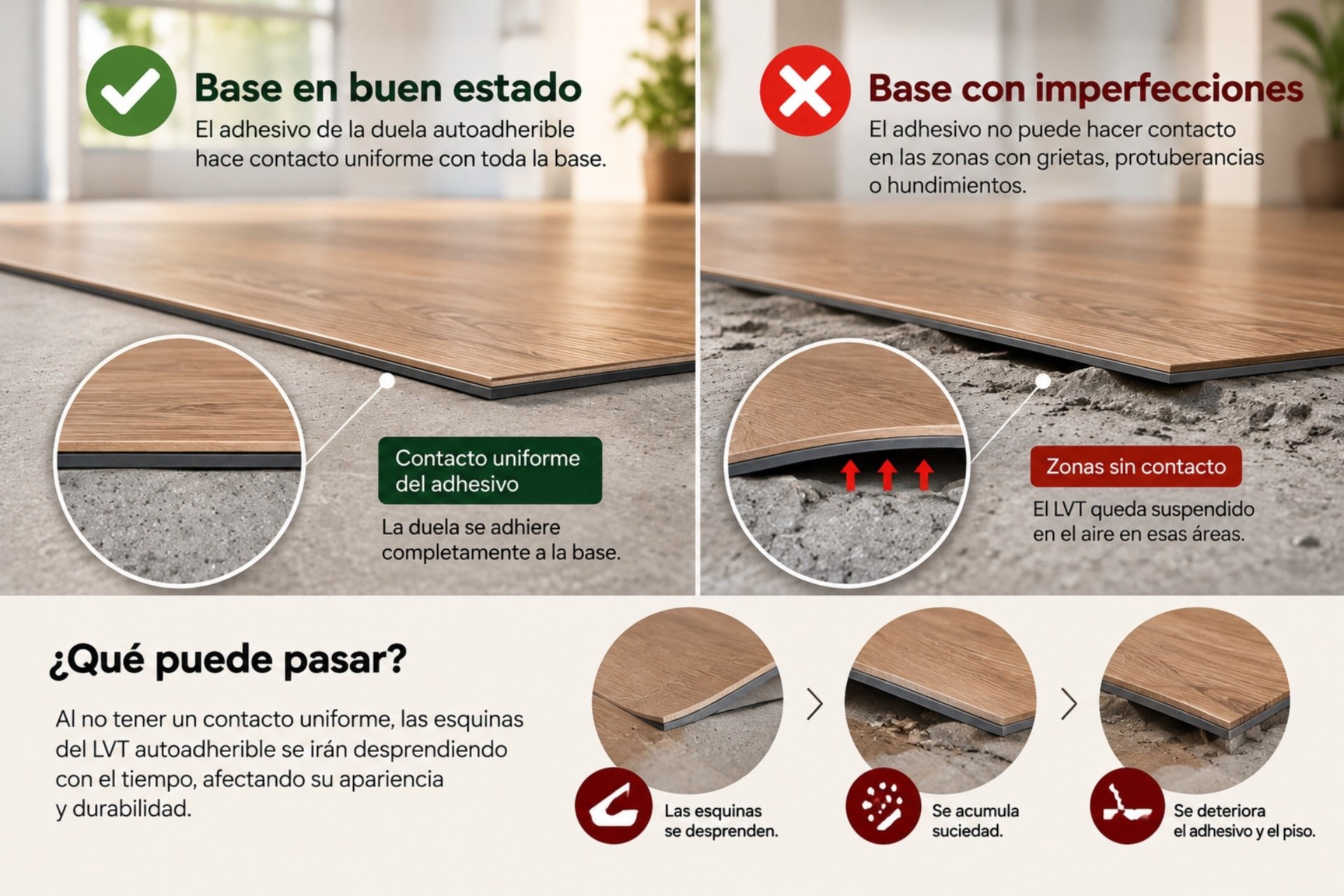 Cuando instalas LVT autoadhesivo XL sobre un piso irregular, el adhesivo puede perder contacto uniforme con la base