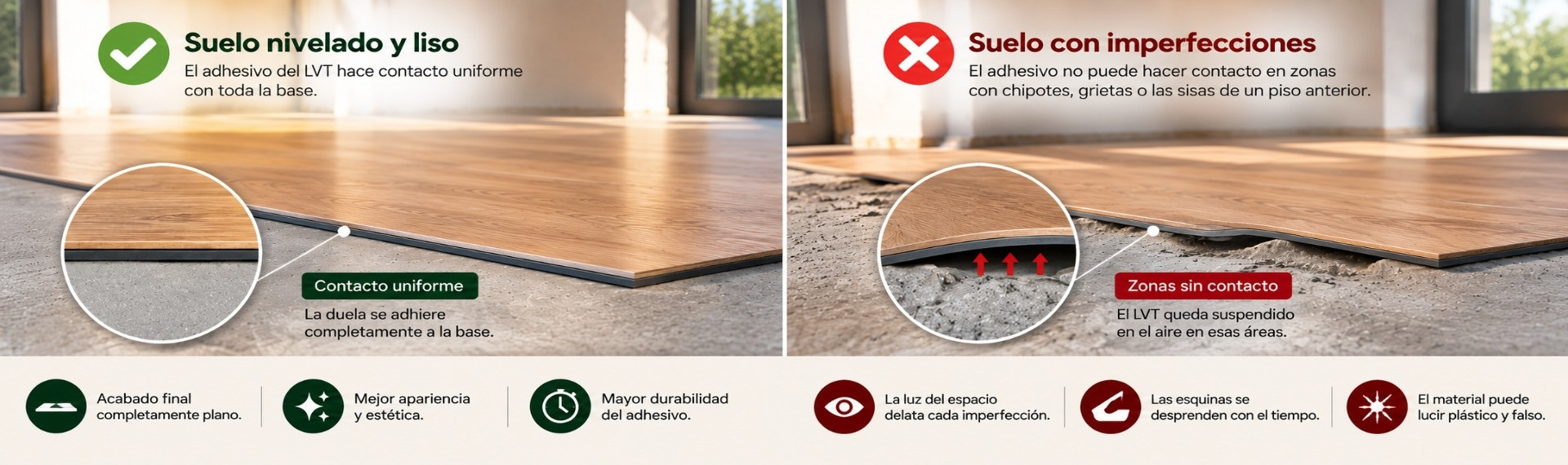 El LVT autoadhesivo XL puede reproducir las imperfecciones del firme, por lo que es importante preparar una base lisa antes de instalarlo