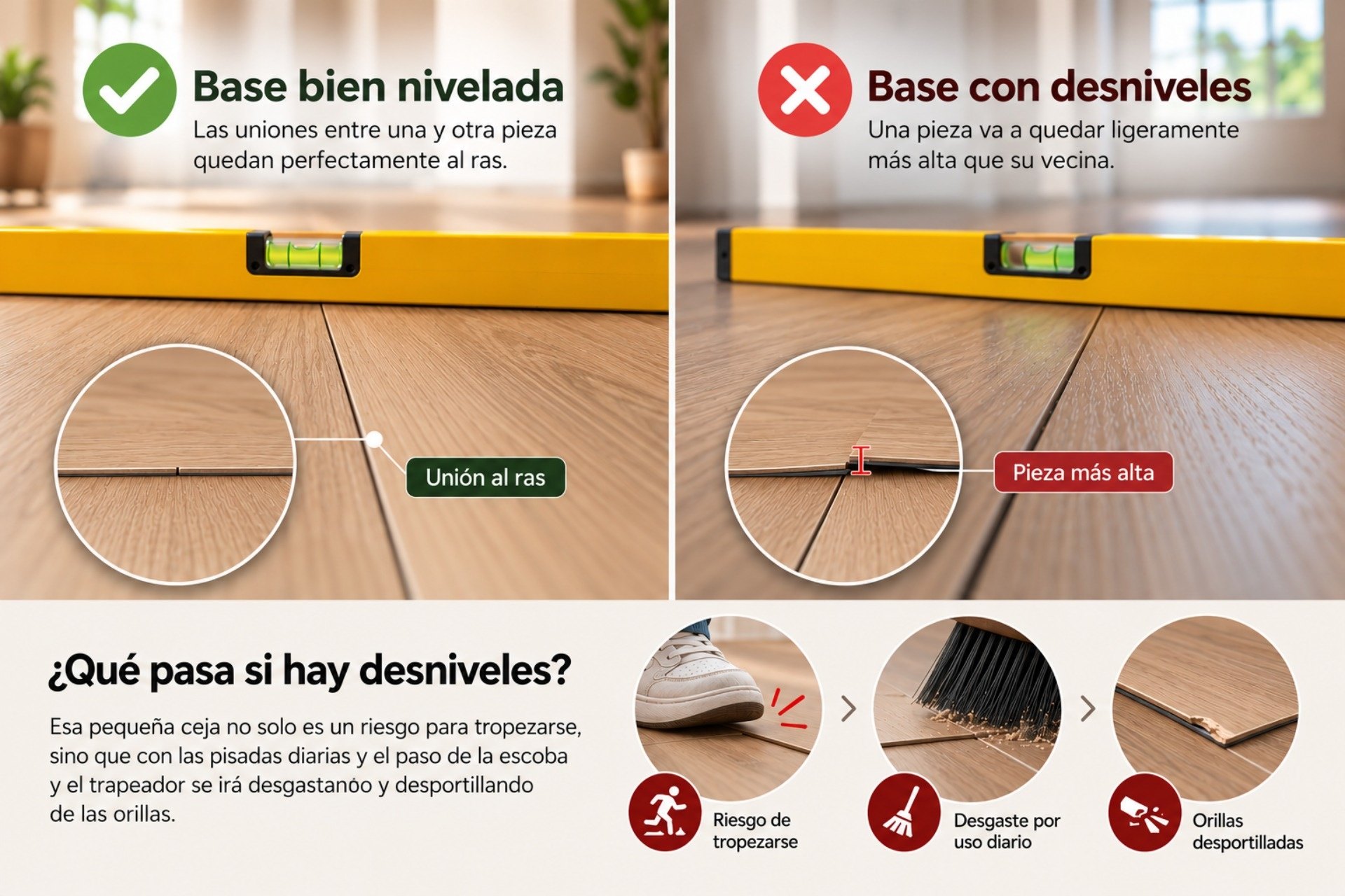 Nivelar correctamente la base antes de instalar LVT autoadhesivo XL ayuda a evitar desniveles entre las piezas