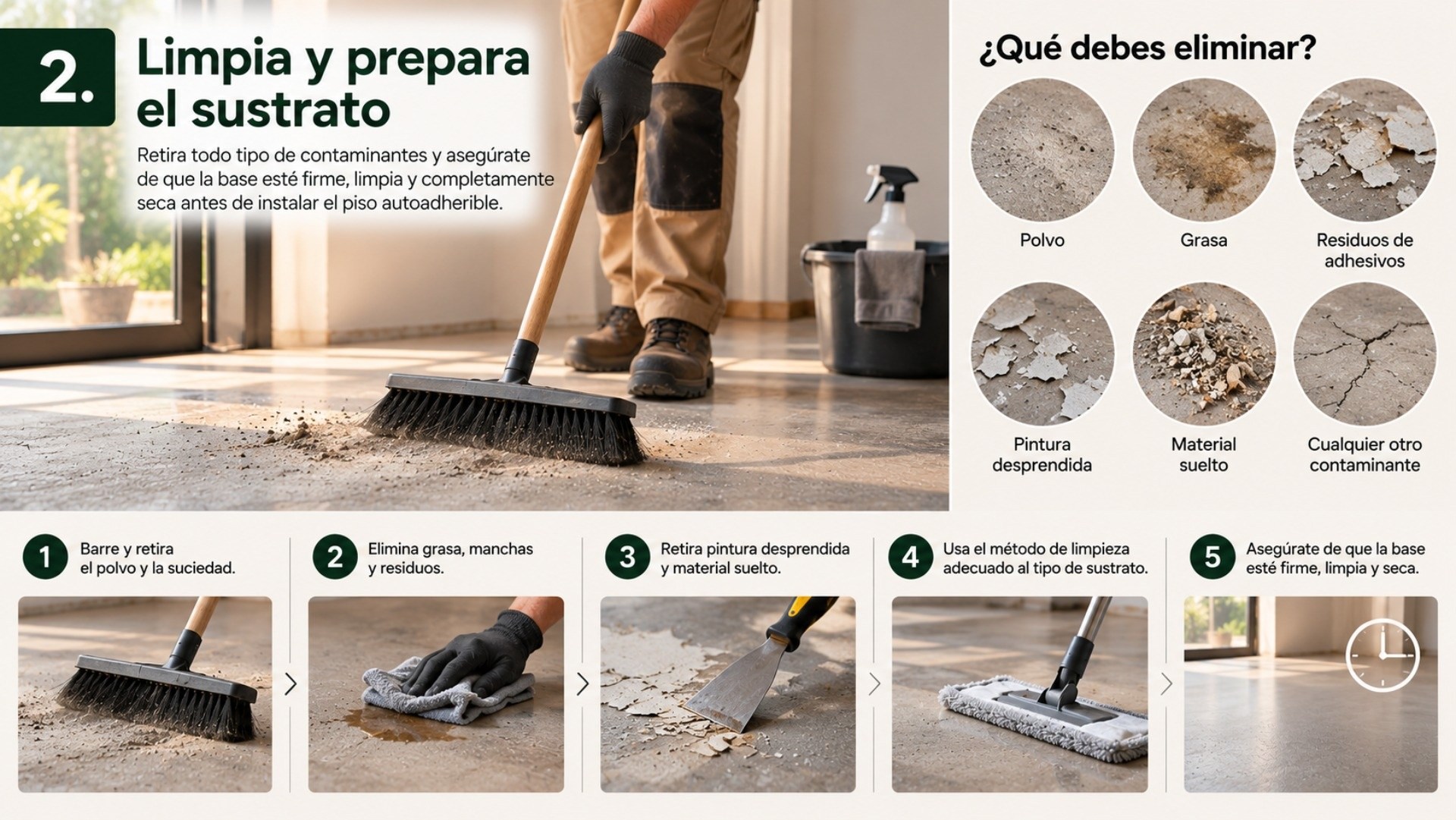 Luego, limpia y prepara el sustrato sobre el cual planeas instalar LVT autoadherente XL