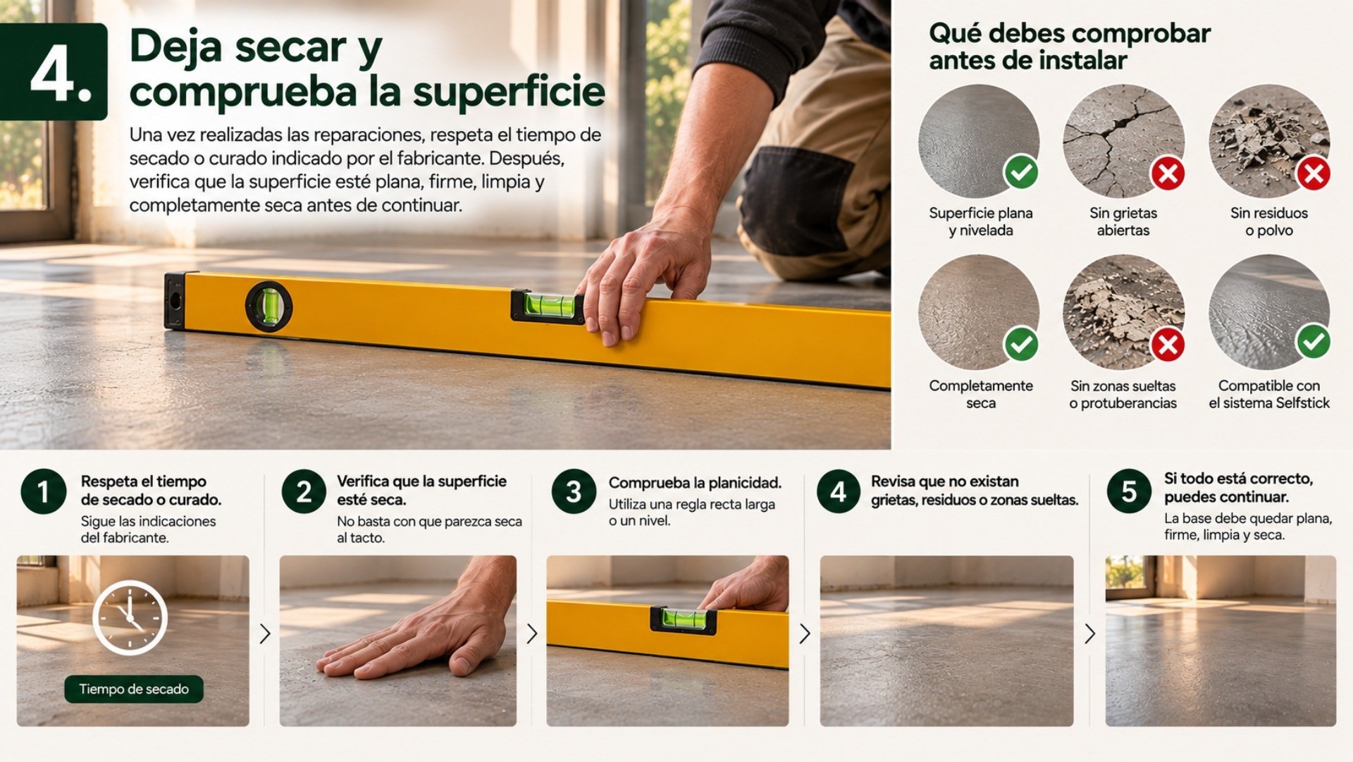 Deja secar el tiempo necesario según las instrucciones del producto y comprueba que la superficie esté lista para instalar LVT autoadhesivo XL