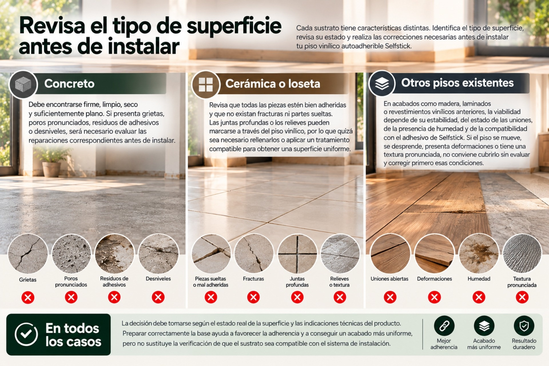 Hechos a considerar al instalar LVT autoadhesivo XL sobre concreto, cerámica u otras superficies