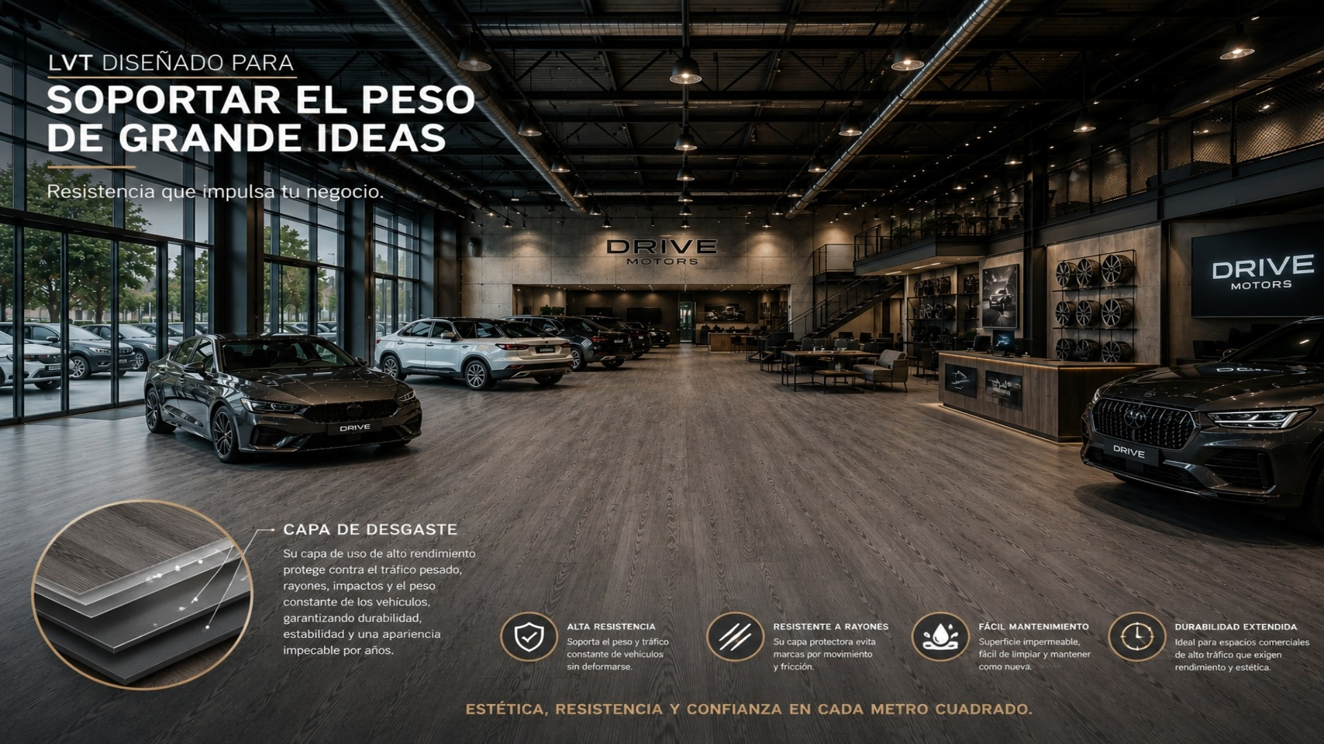 La capa de desgaste del piso LVT le permite soportar el peso de los automóviles de una agencia