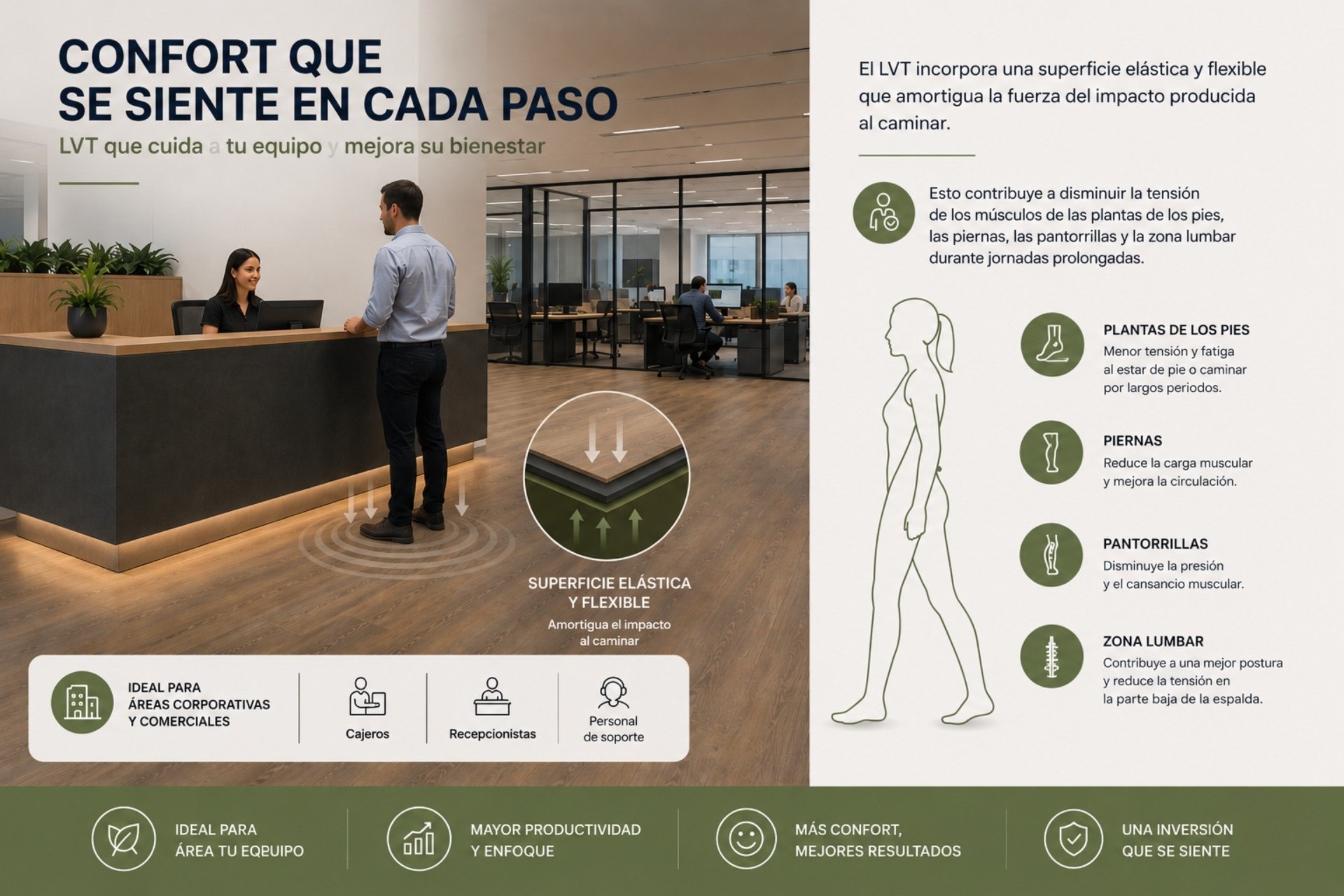 El LVT es un piso resiliente que ayuda a reducir la fatiga corporal en oficinas y coworkings