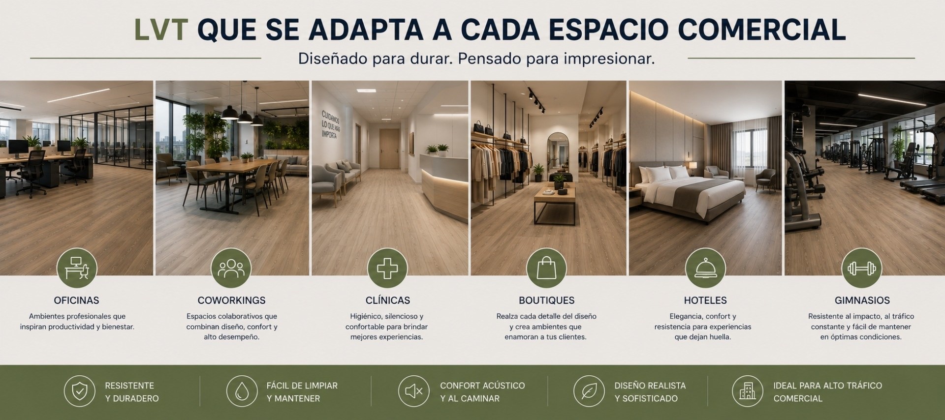 El piso LVT es ideal para oficinas, coworkings, boutiques, hoteles y gimnasios