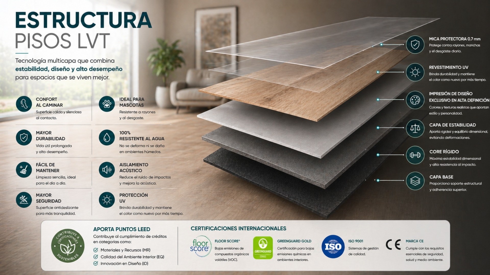 Esquema de la estructura multicapa de las losetas de vinilo LVT