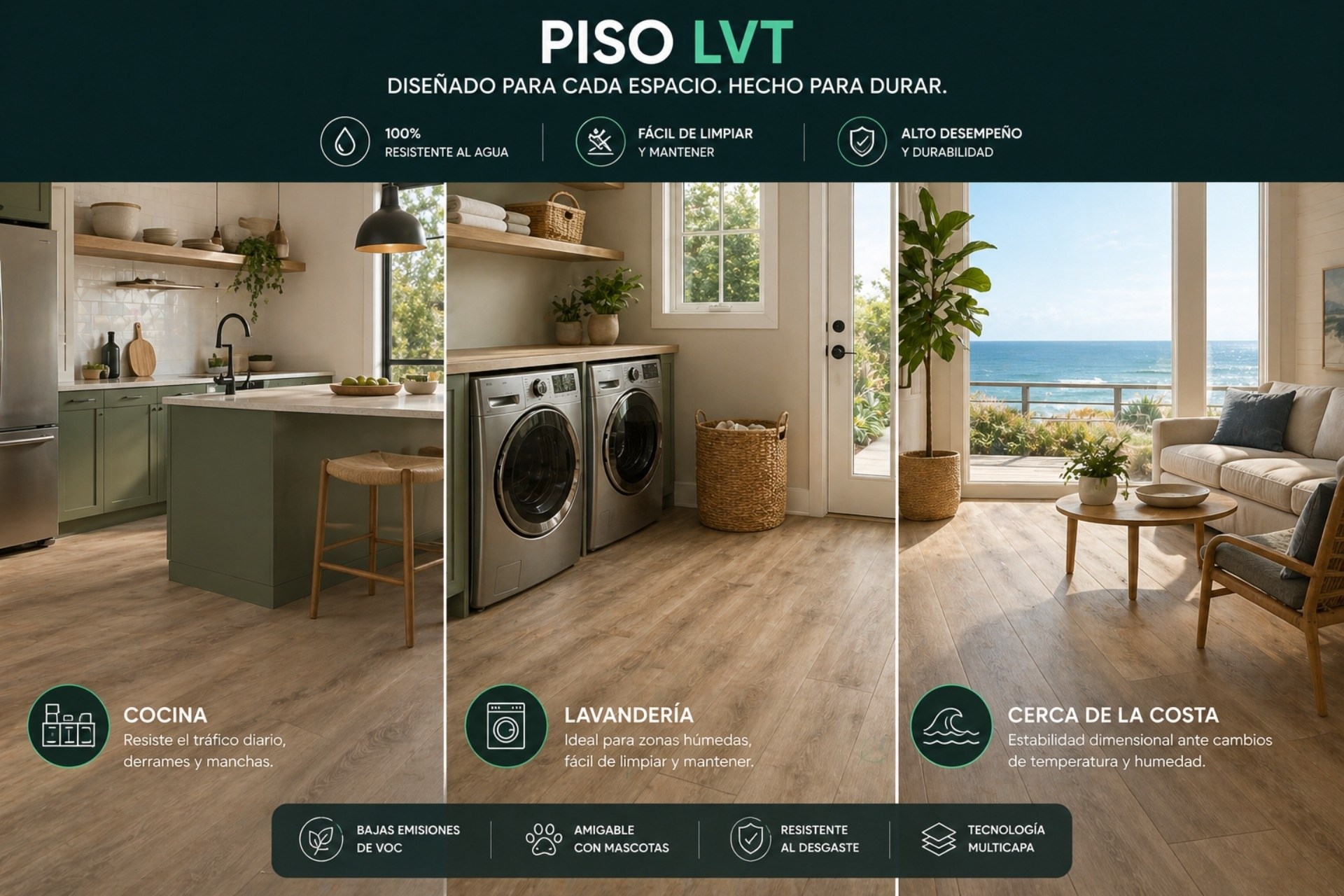 El LVT es el piso ideal para entornos donde humedad y calor son cotidianos: cocinas, lavanderías e interiores de zonas costeras