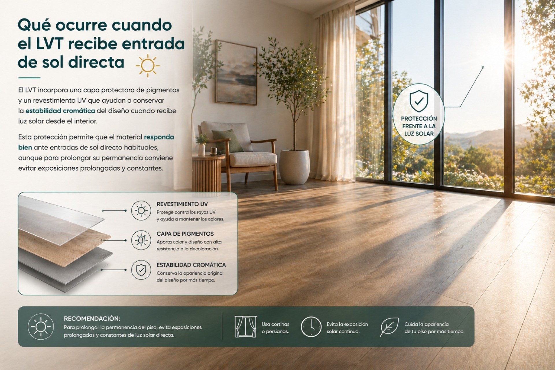 El LVT integra un revestimiento que lo hace resistente al contacto con la luz solar