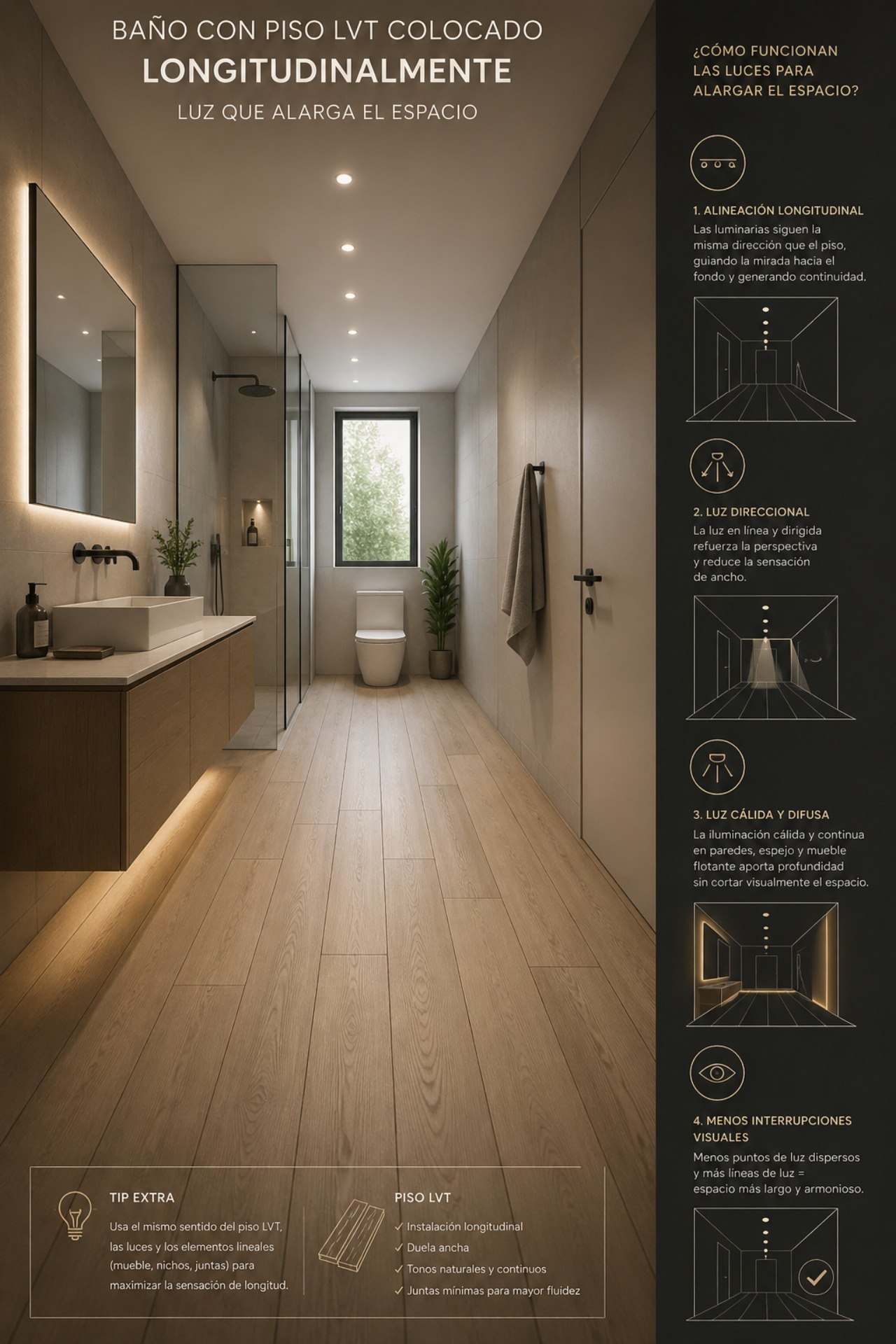 Piso LVT colocado de manera longitudinal y luminaria acompañándolo en el mismo sentido
