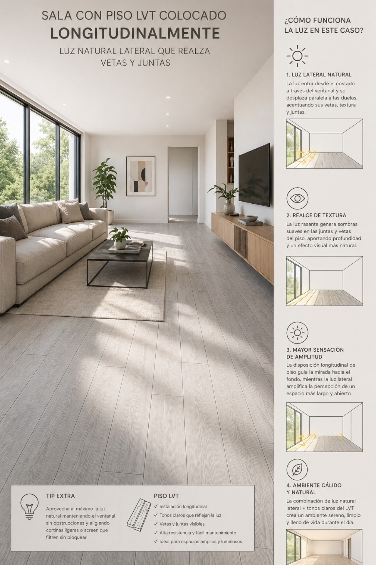 Piso LVT instalado de forma longitudinal con luz incidiendo por el lateral de las duelas para acentuar vetas y juntas