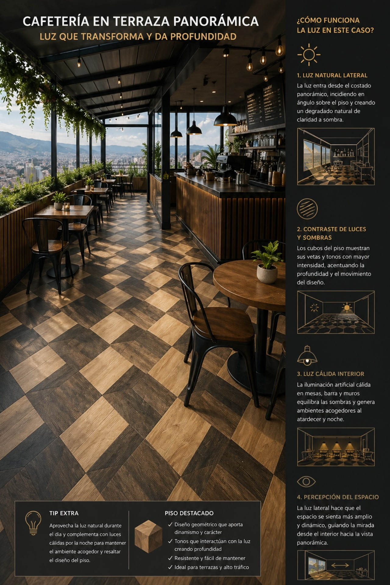 Instalación de LVT tipo espiga con luz natural generando alternancia visual