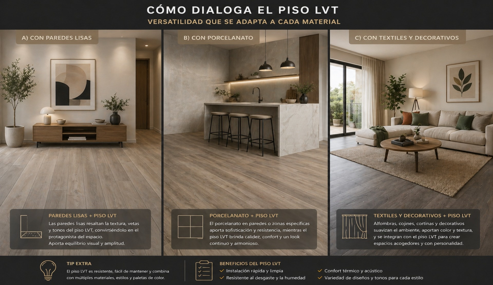 Imagen contrastiva sobre cómo dialoga el LVT con otros materiales en interiorismo