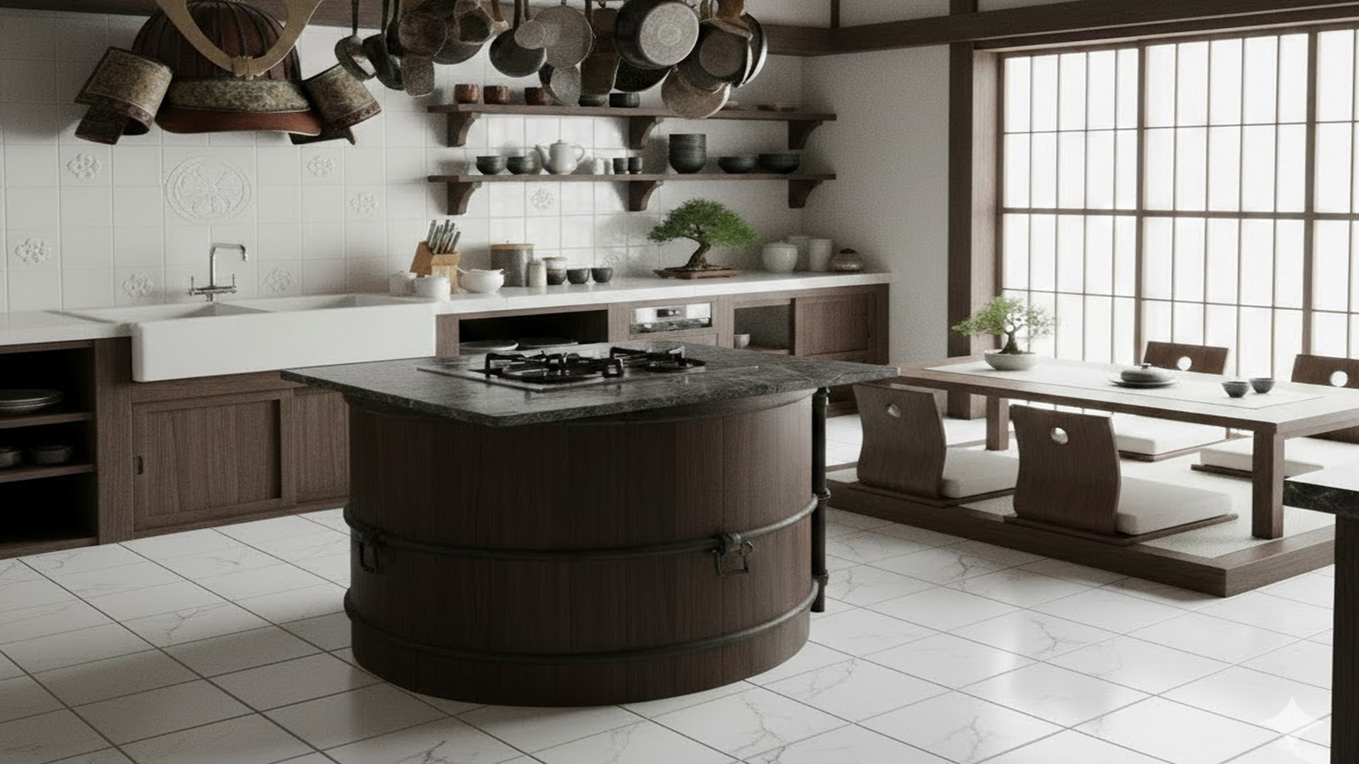 porcelanato blanco con  vetas grises aplicado en cocina estilo japonés