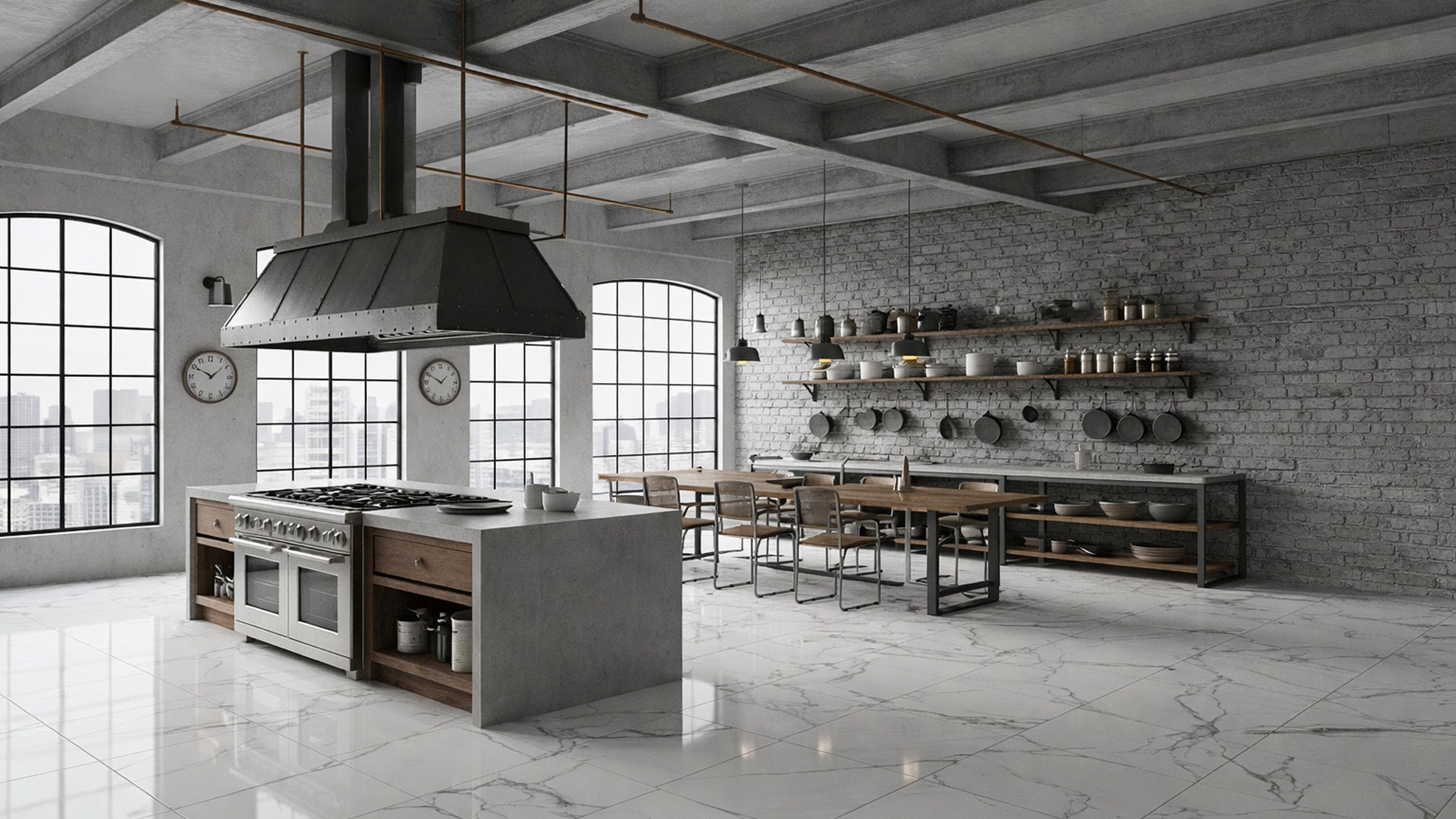 porcelanato blanco con  vetas negras aplicado en cocina estilo industrial