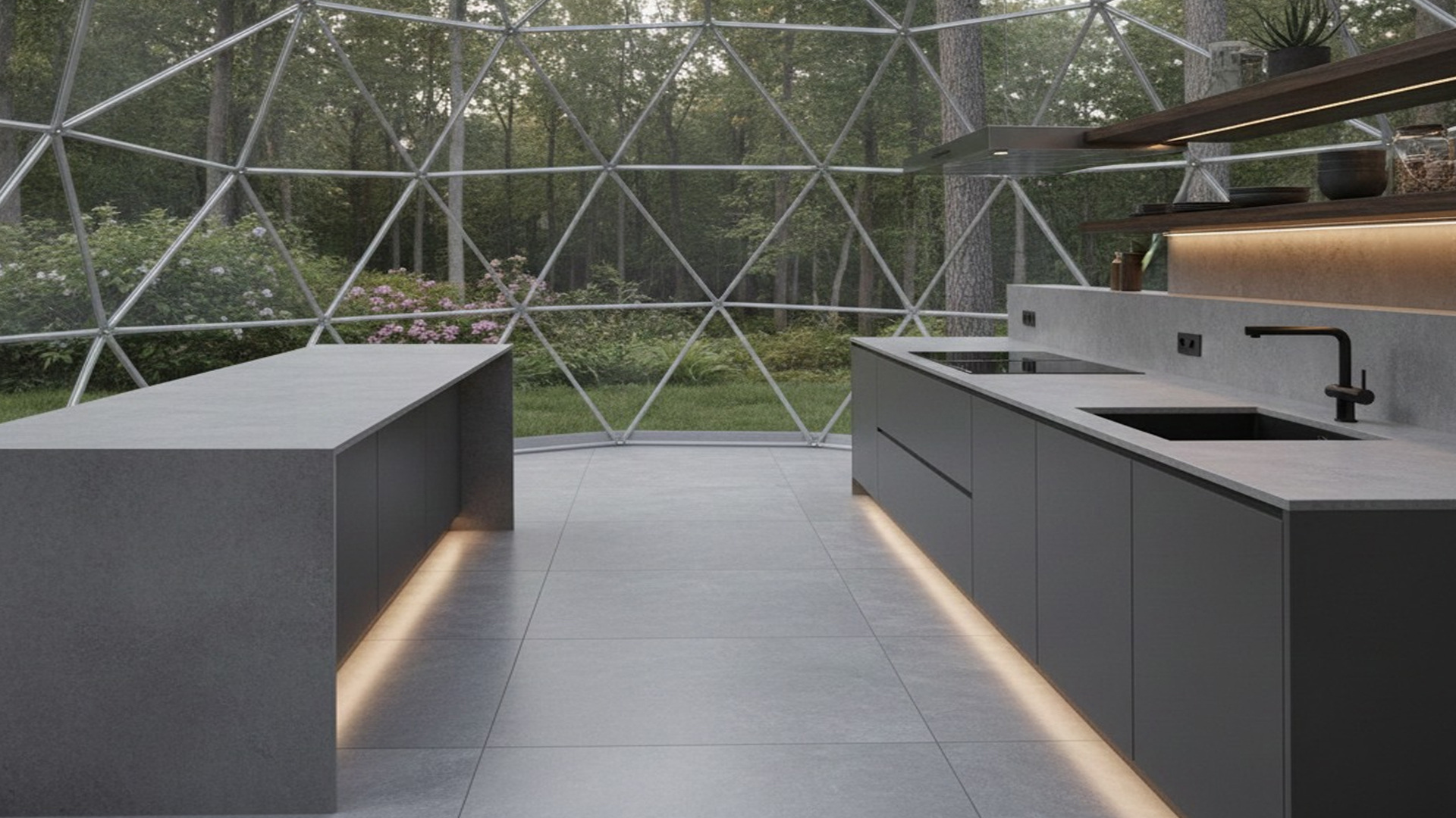 Porcelanato gris aplicado en cocina minimalista dentro de un domo de cristal