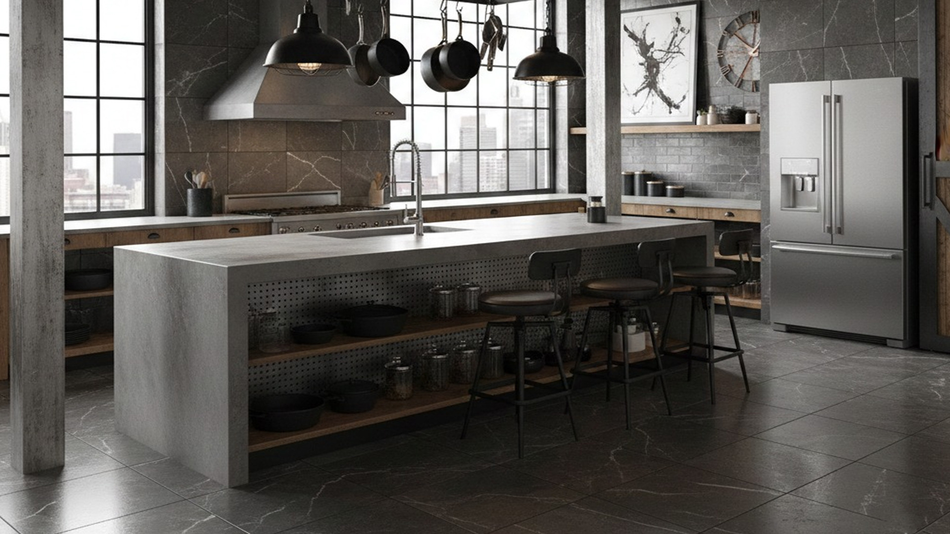 Porcelanato gris oscuro aplicado en cocina industrial en un departamento