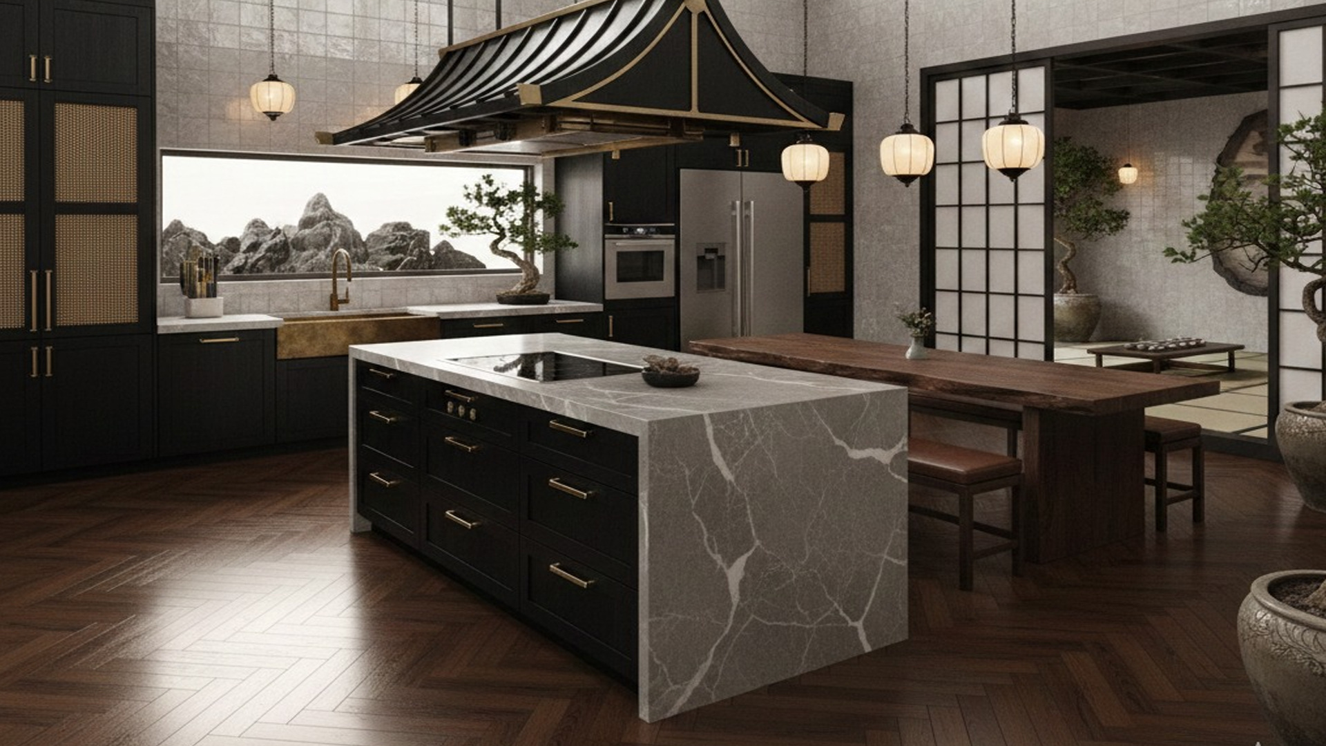 Porcelanato gris aplicado en cocina estilo oriental en una nave industrial