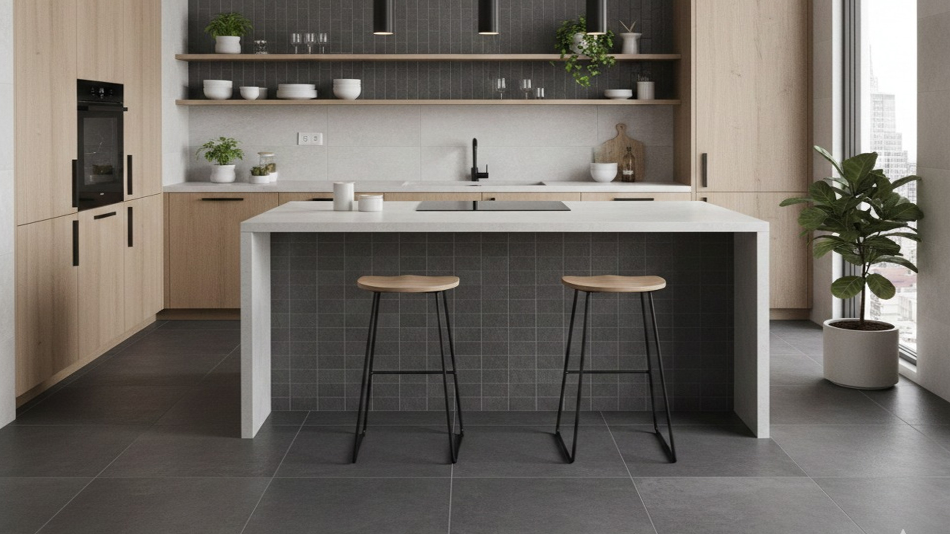  porcelanatos grises en diferentes tonalidades aplicados en una cocina tipo nórdico