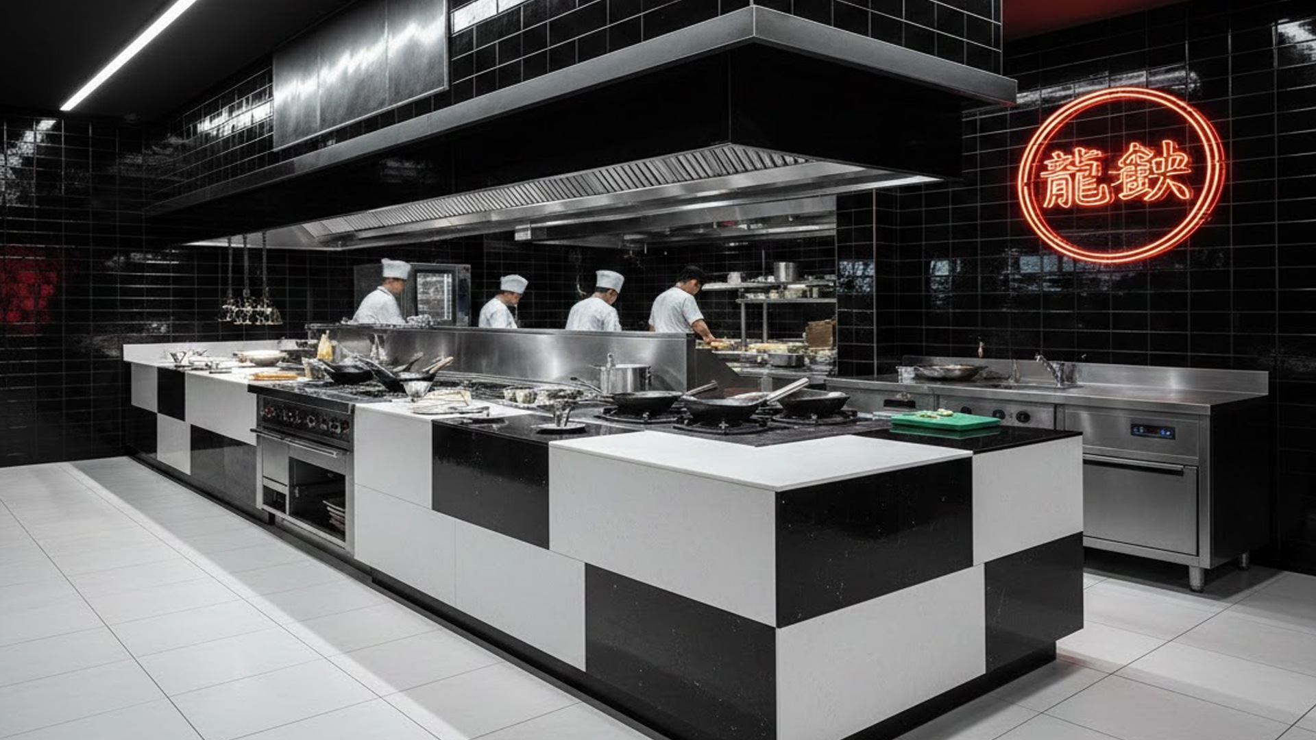 porcelanato blanco y porcelanato negro aplicado en cocina estilo oriental