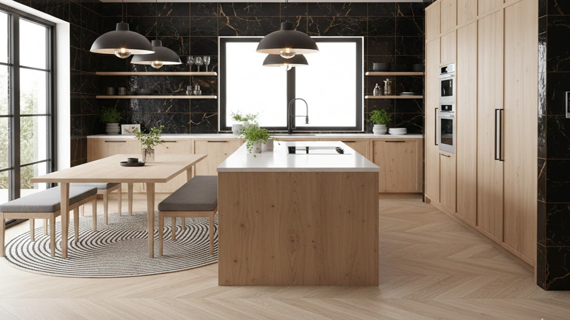 Cocina con porcelanato negro y dorado estilo nórdico