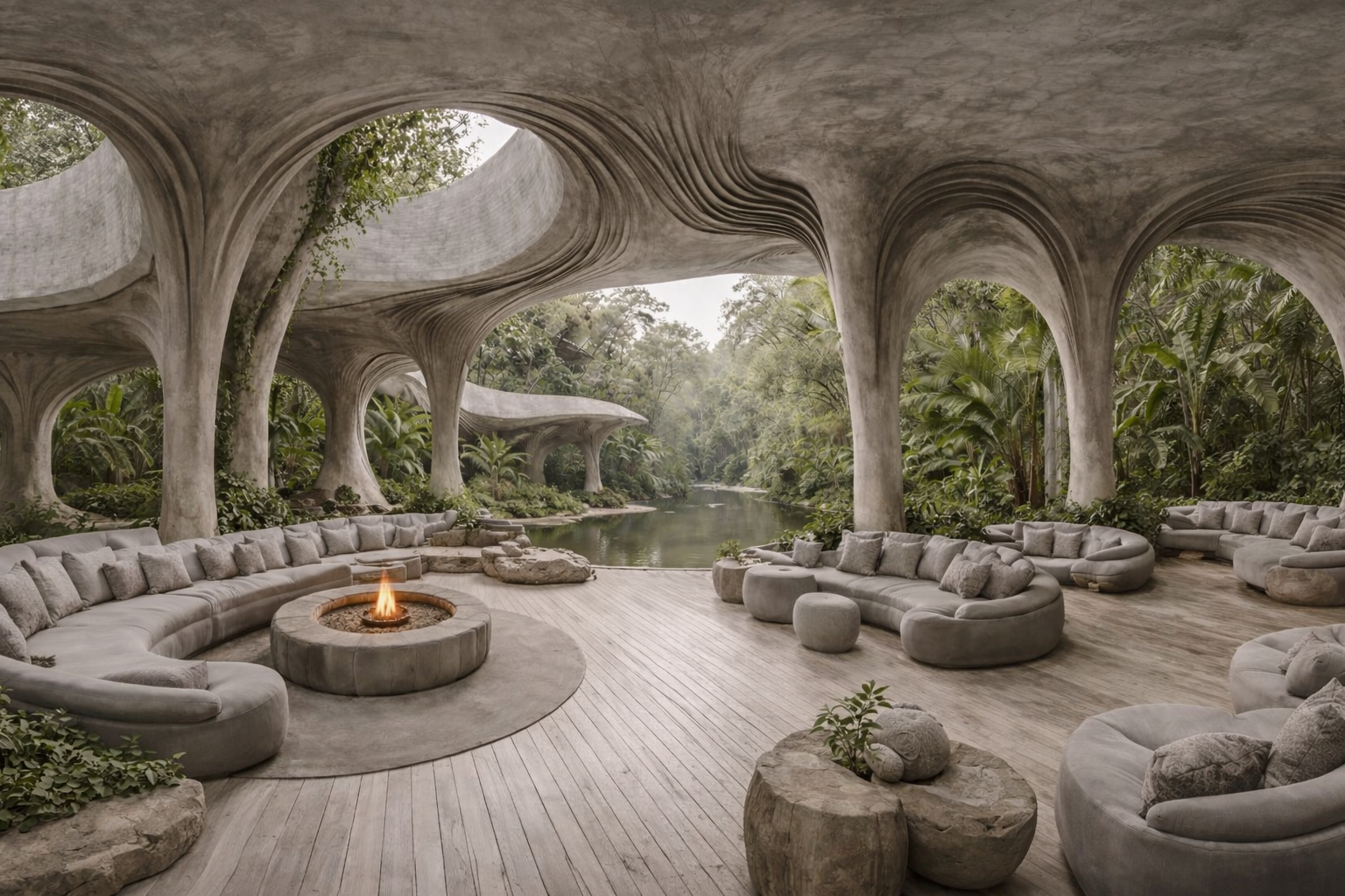 Lobby tropical en arquitectura orgánica con piso vinílico gris perla