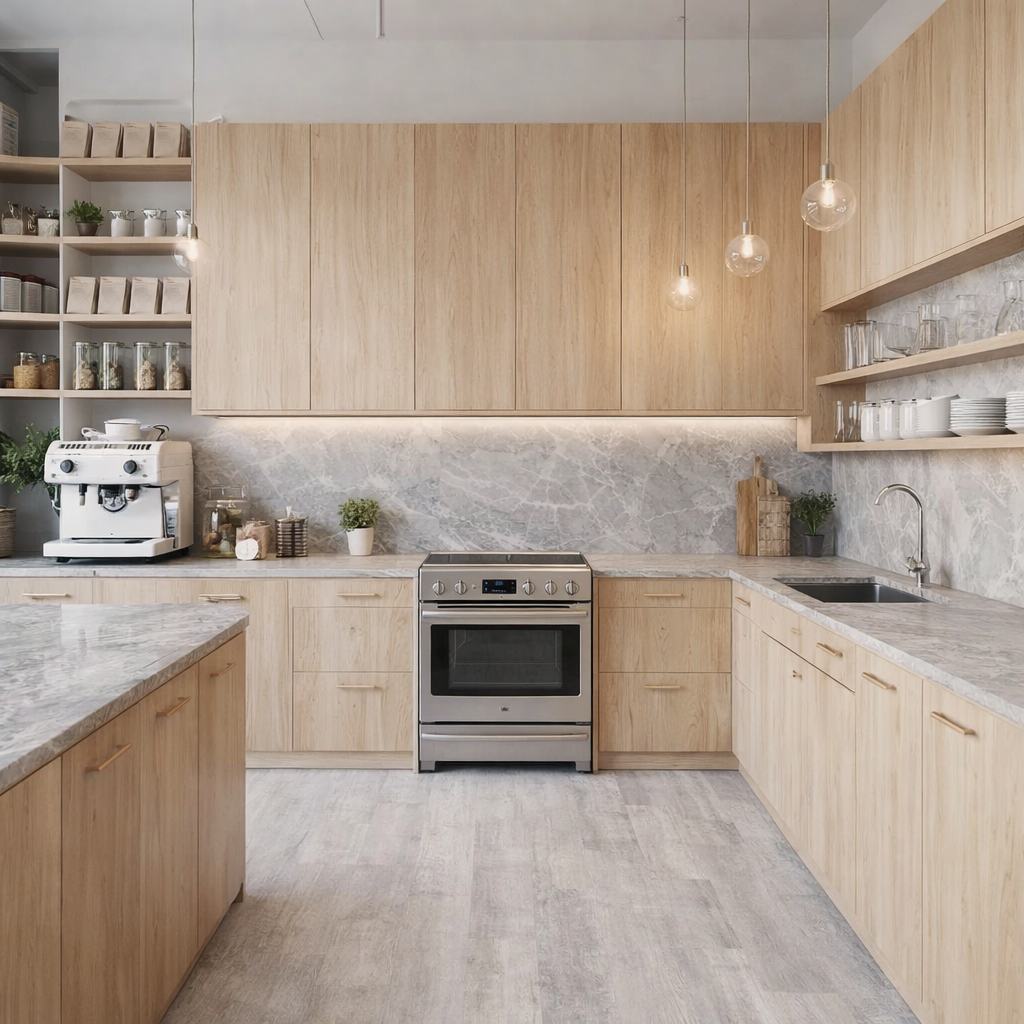 Mármol gris perla instalado en paredes y encimeras de una cocina estilo nórdico