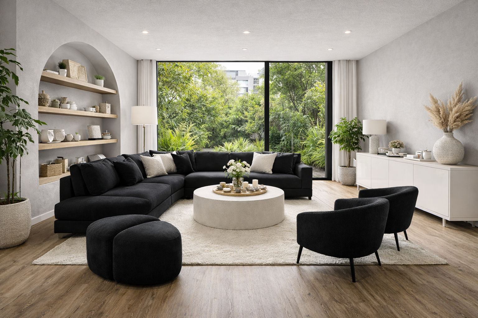 Gris perla pintura pared - aplicación en sala residencial con arquitectura regenerativa