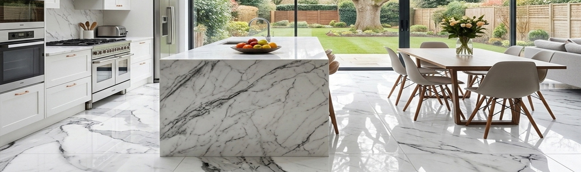 Barra y piso de porcelanato instalados en una cocina playera