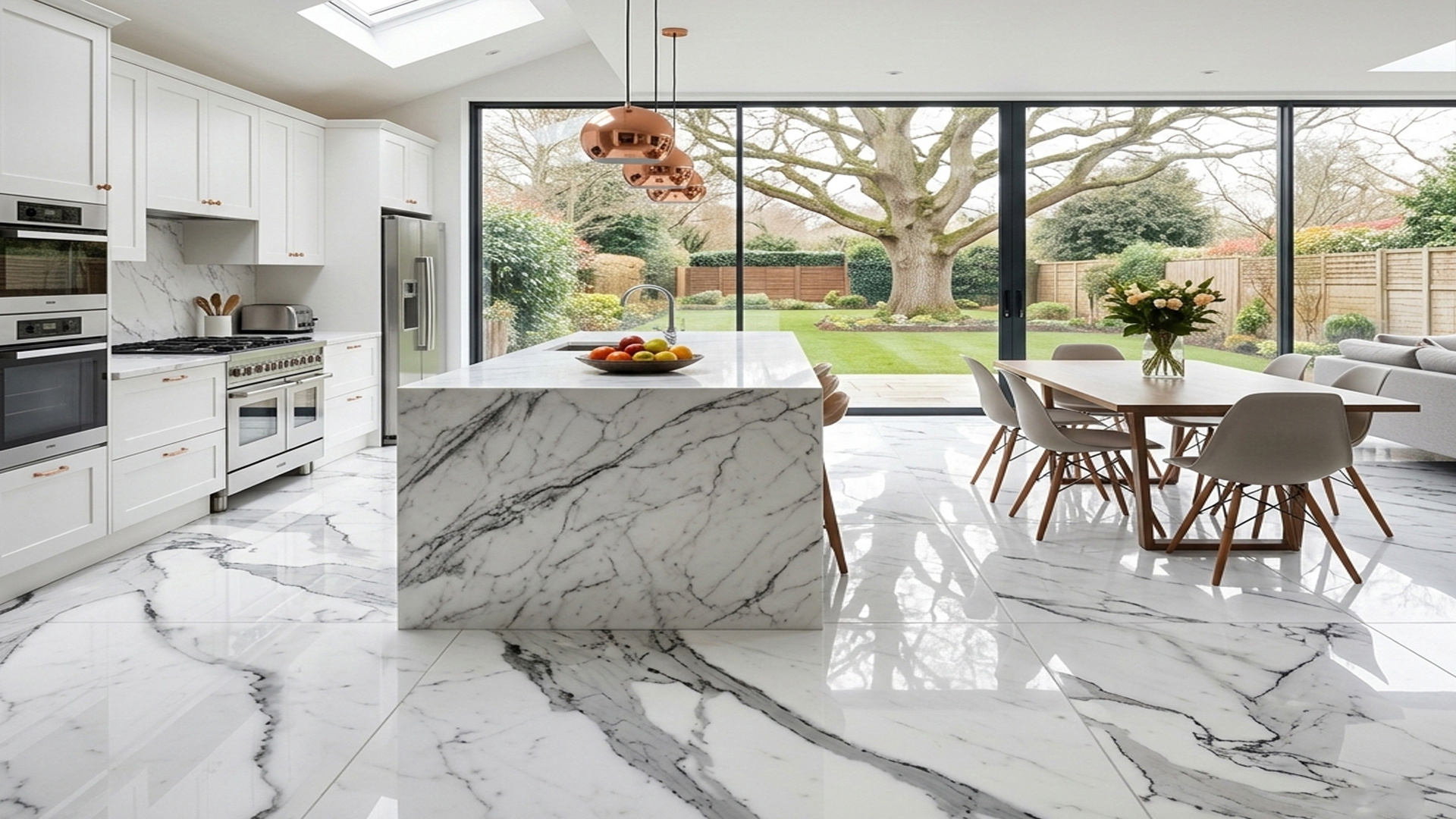 Barra y piso de porcelanato instalados en una cocina playera