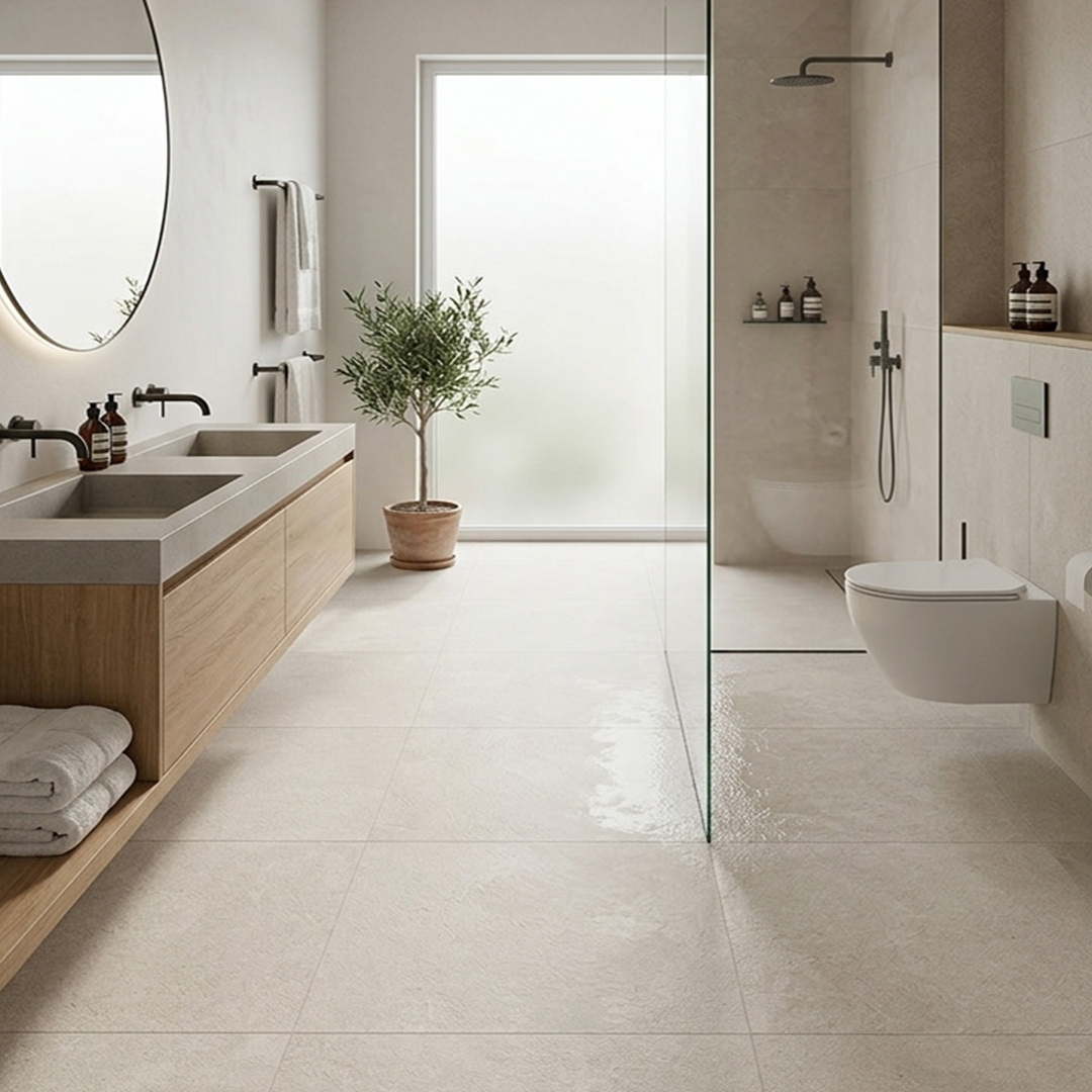 Baño estilo Japandi con porcelanato blanco 60x60
