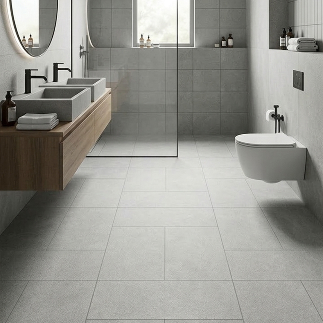 Porcelanato gris claro instalado en baño minimalista
