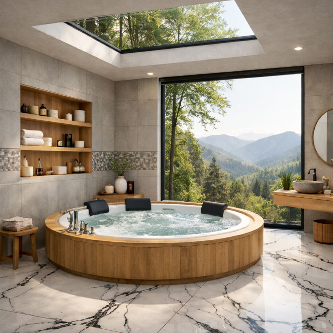 Pisos y azulejos para baños instalados en un spa estilo Japandi