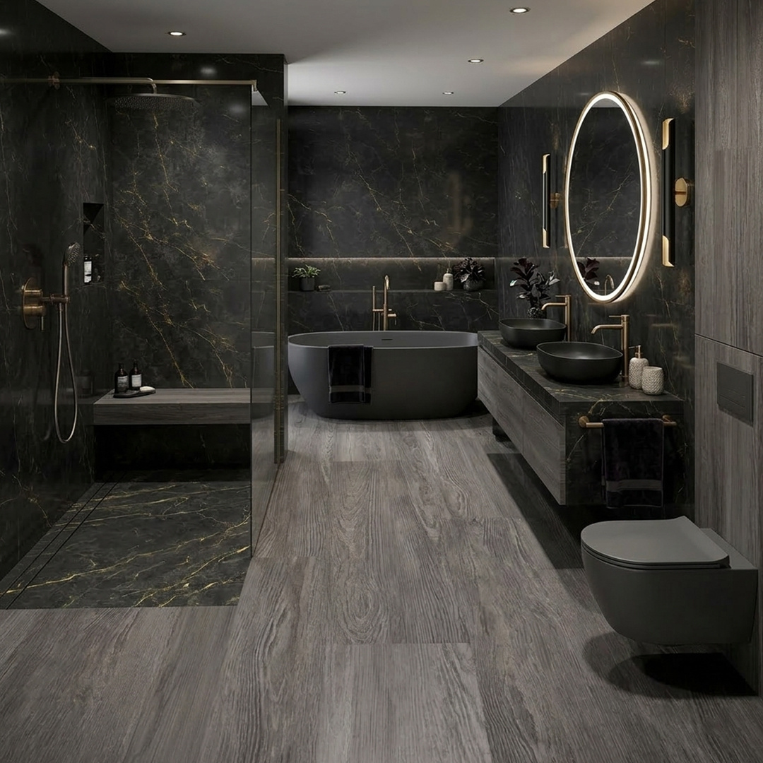 Baño minimalista con SPC Gris Humo