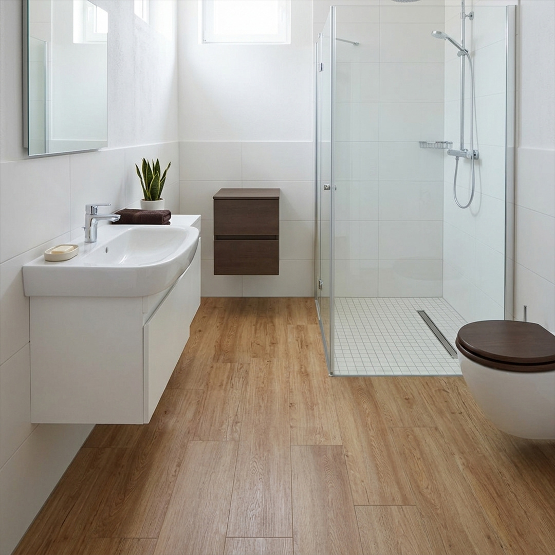 Baño pequeño con piso vinílico tipo madera teca brasileña