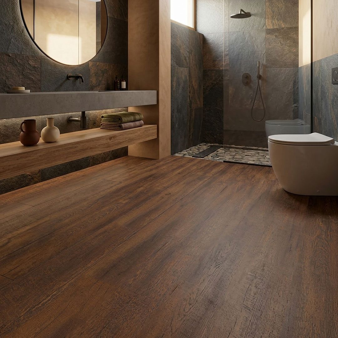 Baño moderno con LVT tipo madera
