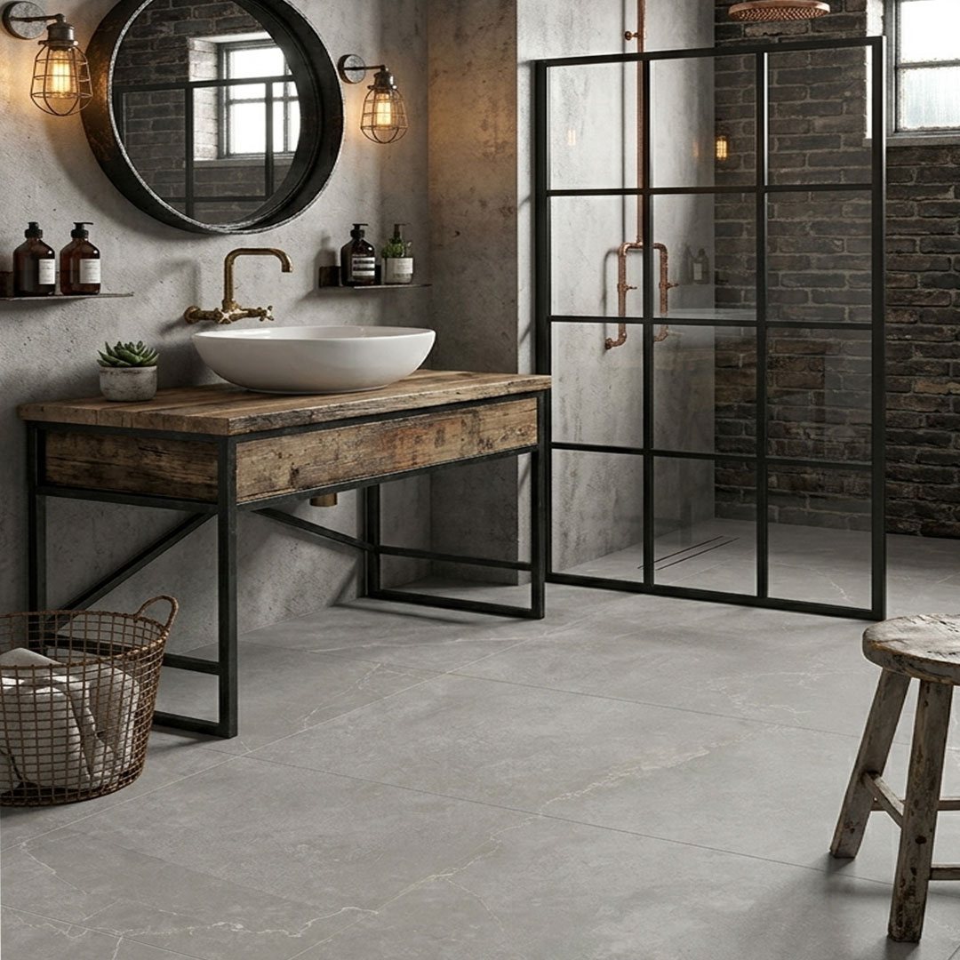 Porcelanato Gris Mate instalado en baño estilo industrial