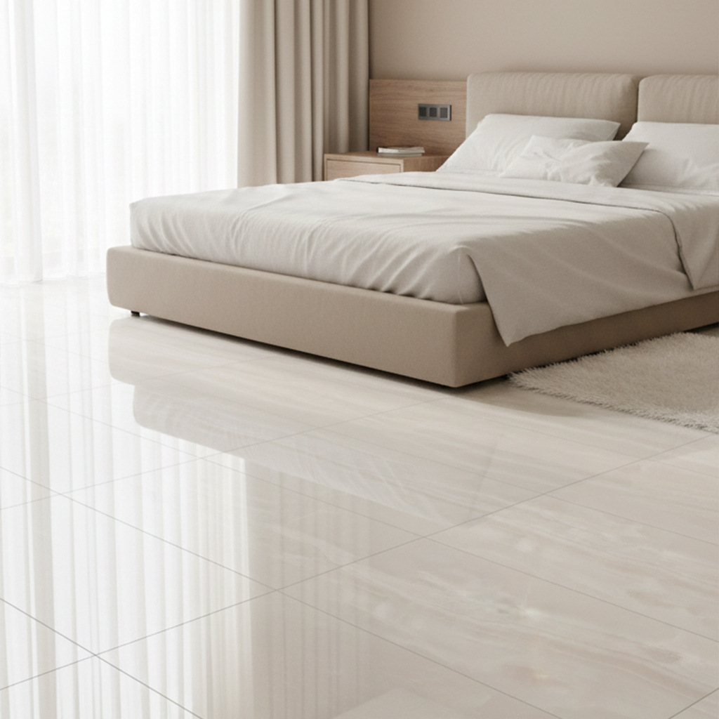 Porcelanato Pulido Aneto instalado en una recámara moderna