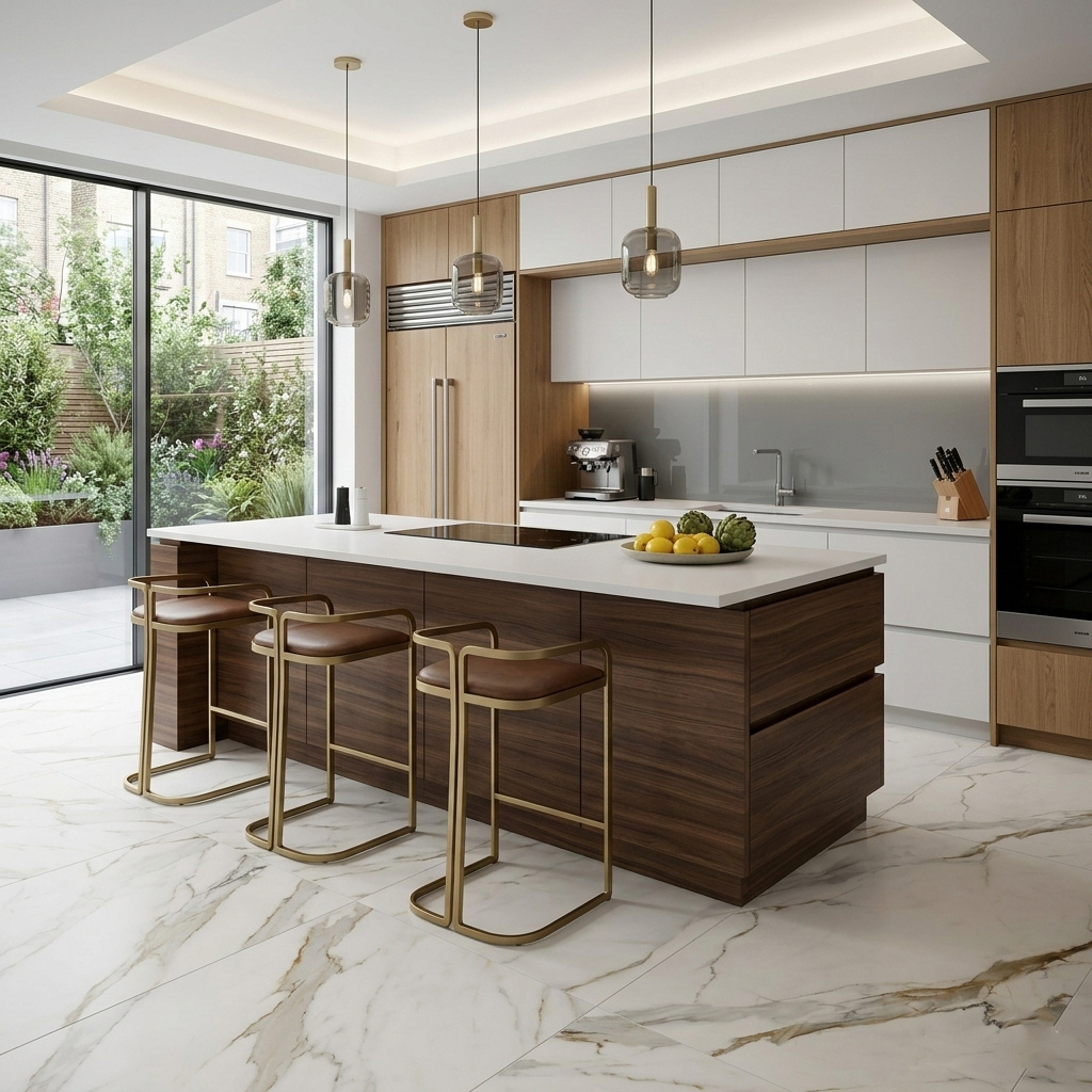 Porcelanato tipo mármol Carrara Gold instalado en una cocina