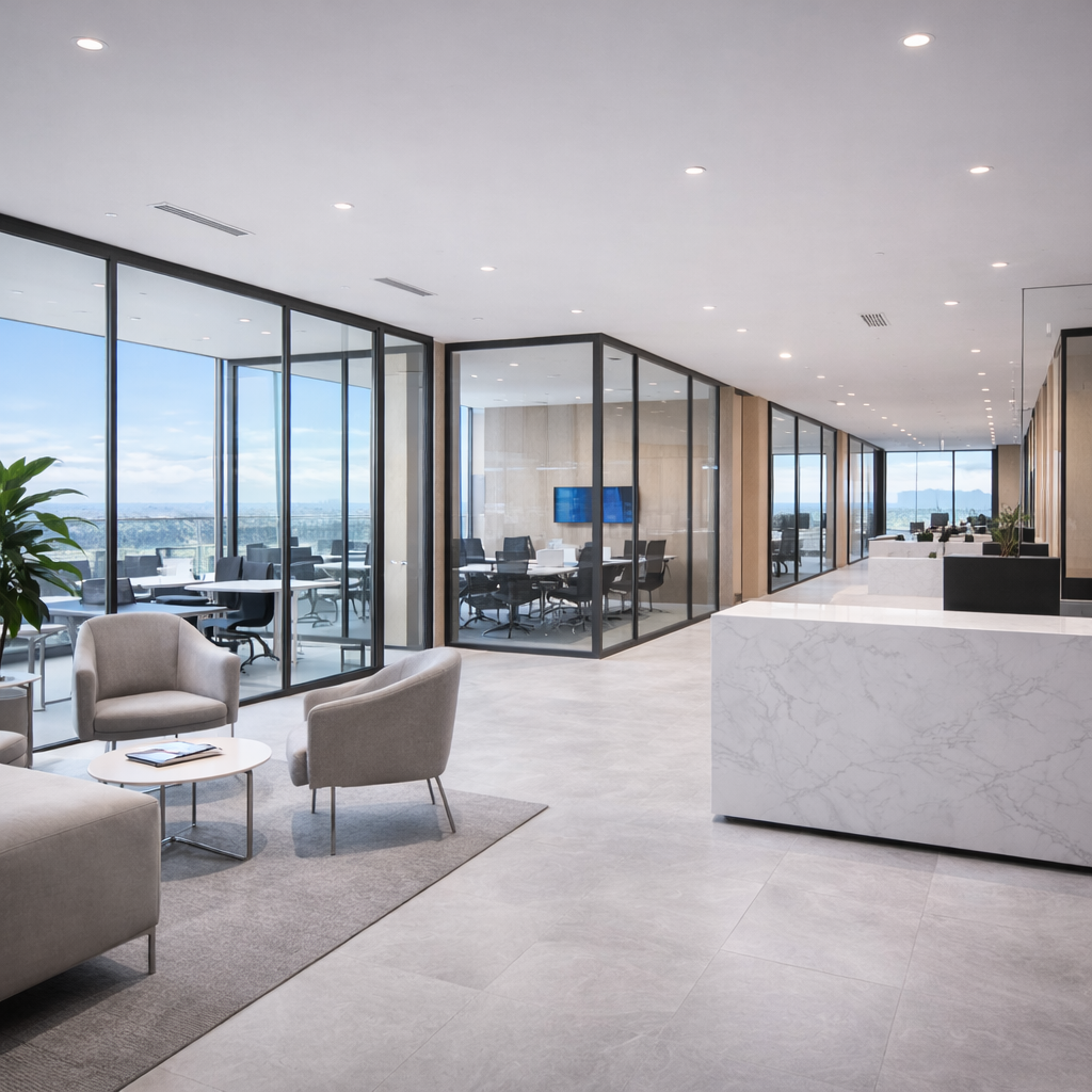 Pisos de porcelanato para oficina con color gris perla