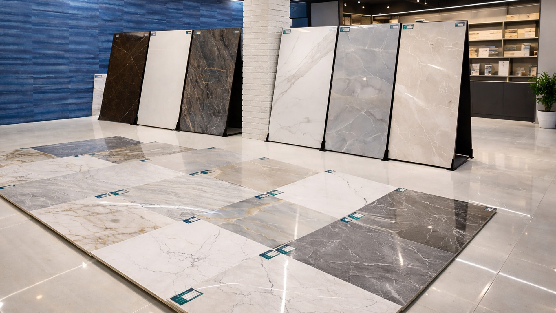 Pisos de porcelanato tipo mármol instalados en oficinas de una nave industrial