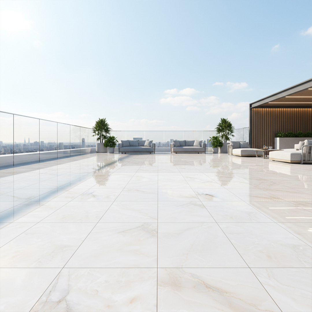 Porcelanato Pulido Positano instalado en una sala ubicada al exterior