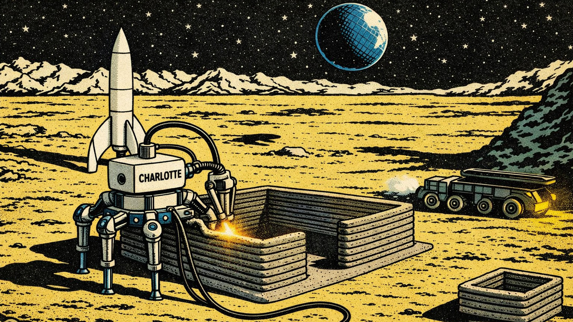 Robot Charlotte construyendo una casa en la luna