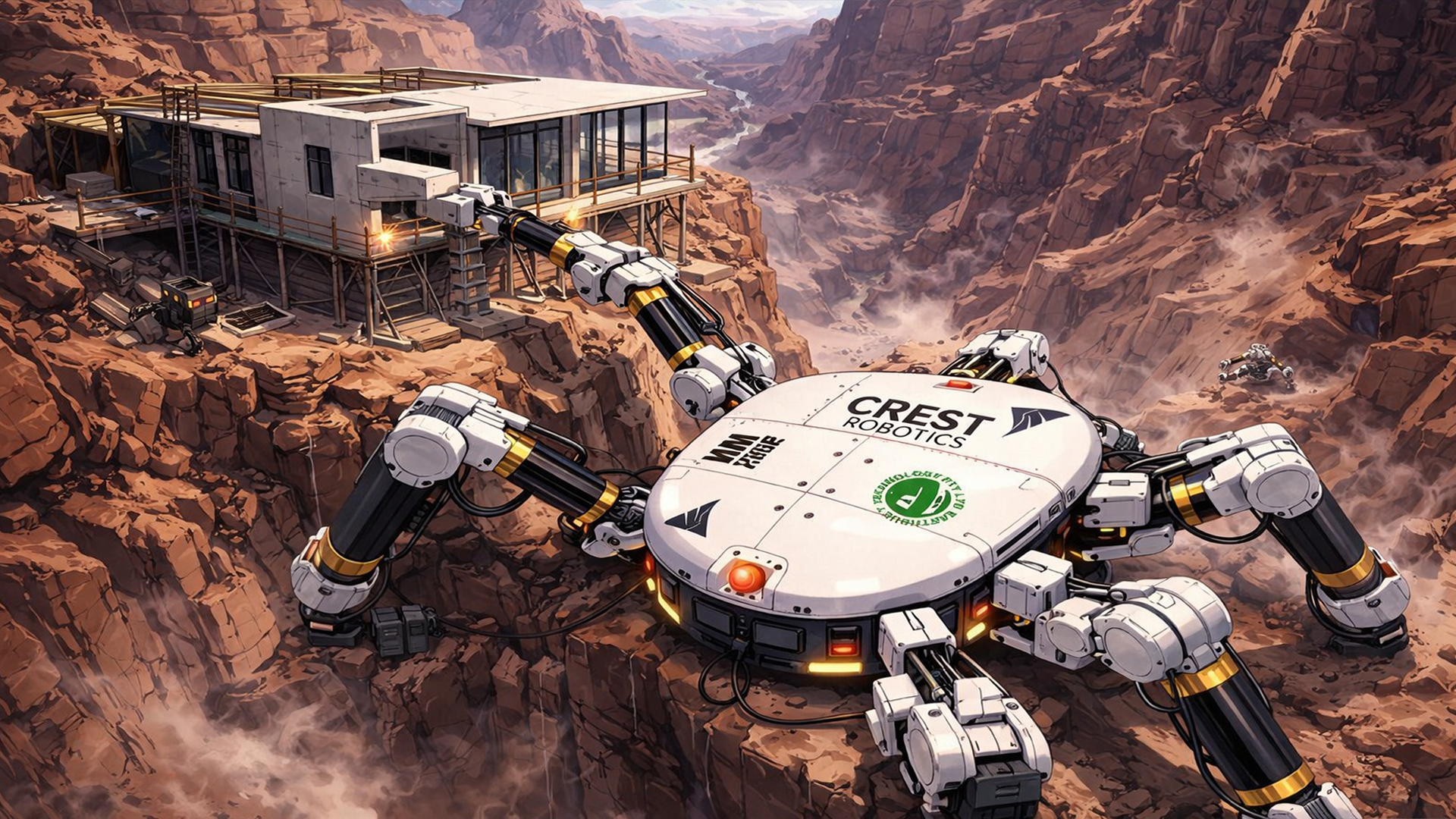 Robot Charlotte construyendo un edificio en un precipicio desértico