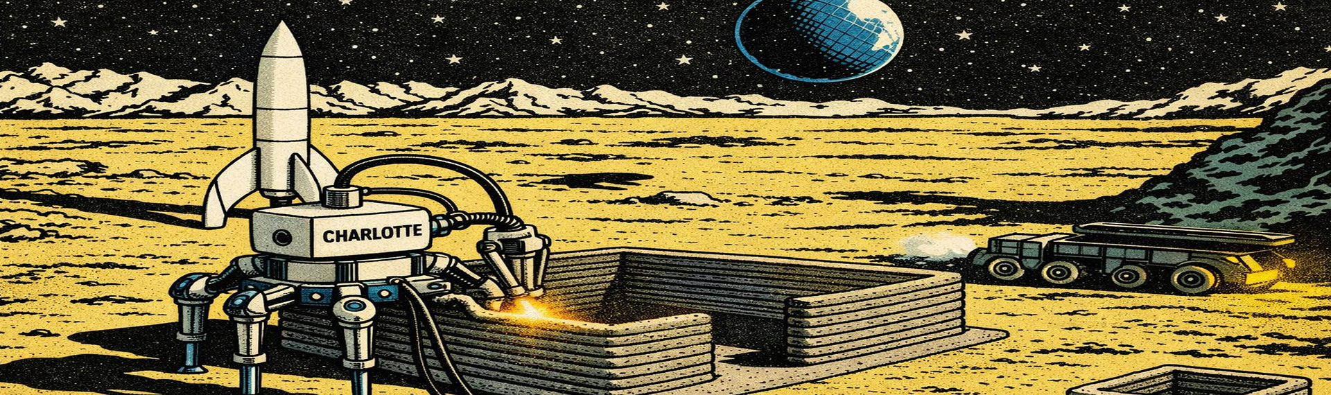 Robot Charlotte construyendo una casa en la luna