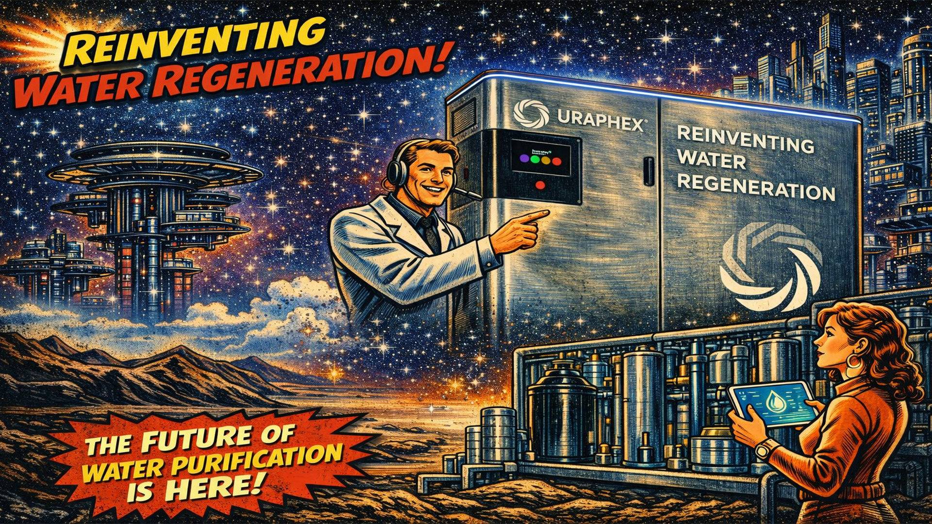 Imágen ilustrativa del sistema de reciclado de agua sin químicos Uraphex Ilustración de sistema de reciclado de agua sin químicos